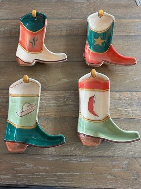 Hand-Painted Ceramic Cowboy Boot Dishes - Set of 4, Colorful Western Motifs